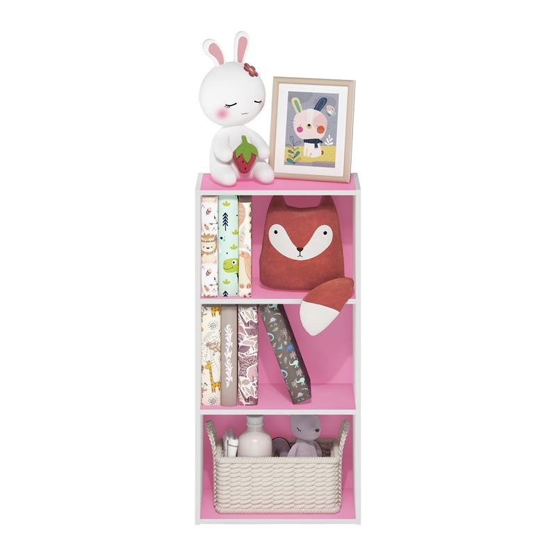 Pemberly Row Contemporary 3-Tier Open Shelf Bookcase in Pink/White
