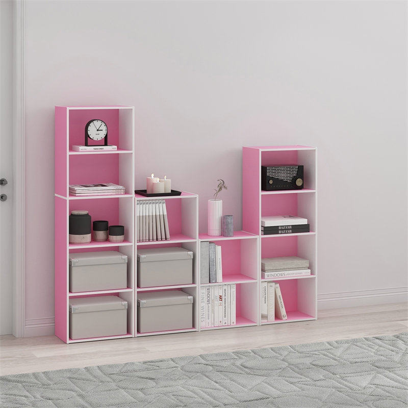 Pemberly Row Contemporary 3-Tier Open Shelf Bookcase in Pink/White
