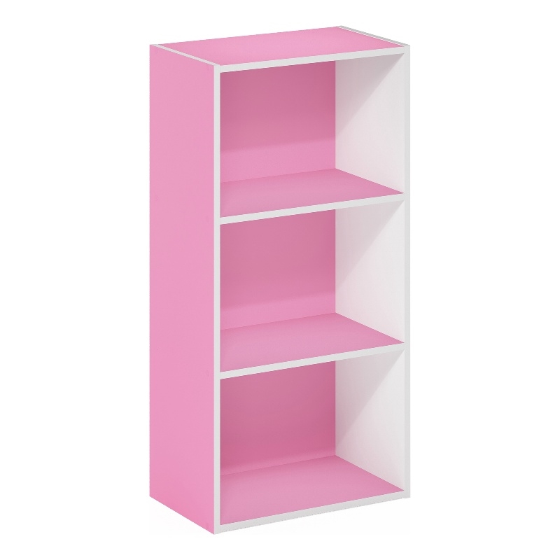 Pemberly Row Contemporary 3-Tier Open Shelf Bookcase in Pink/White