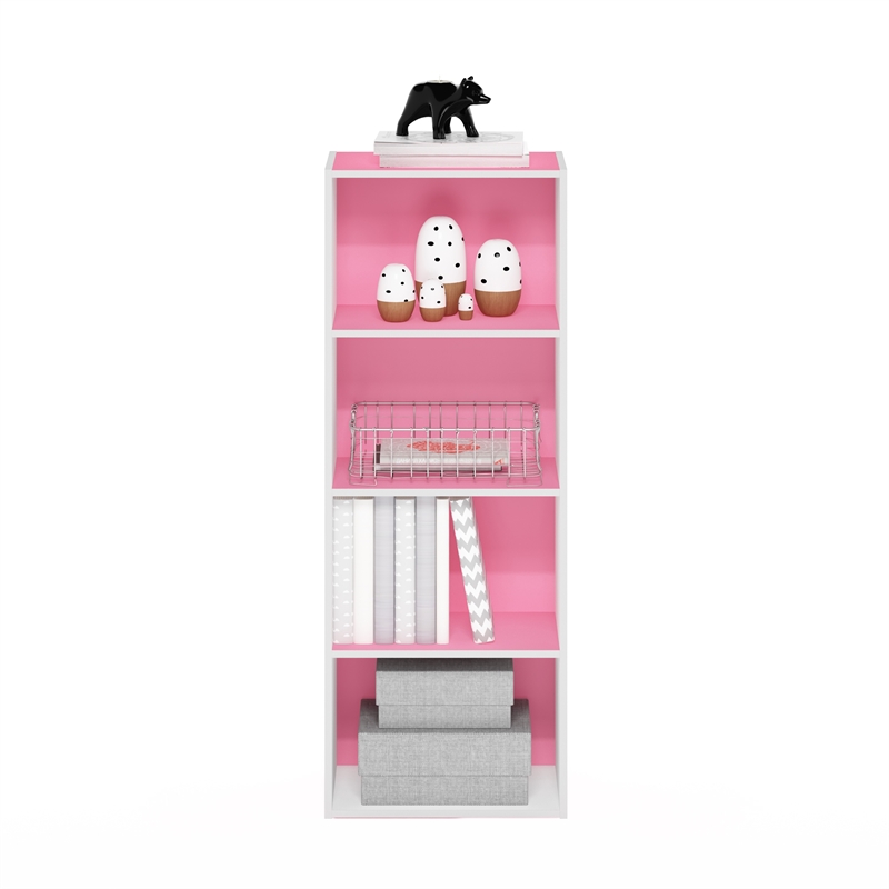 Pemberly Row Contemporary 4-Tier Open Shelf Bookcase in Pink/White