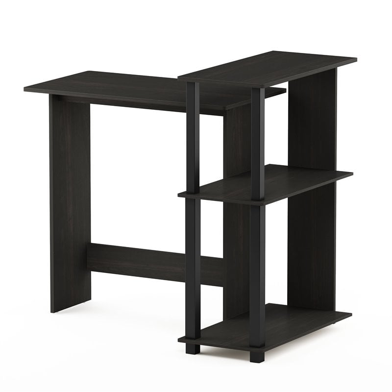 Pemberly Row Wood Corner Computer Desk with Bookshelf in Espresso/Black