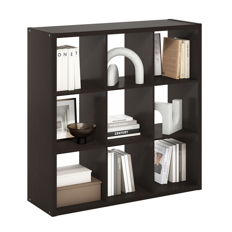 Pemberly Row Open Back Decorative Cube Storage Organizer in 9-Cube Dark Oak