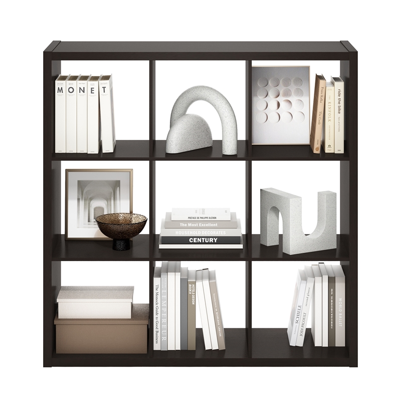 Pemberly Row Open Back Decorative Cube Storage Organizer in 9-Cube Dark Oak