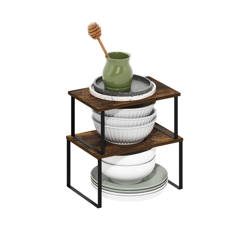 Pemberly Row Stackable Kitchen Counter Shelves in Set of 2 Amber Pine