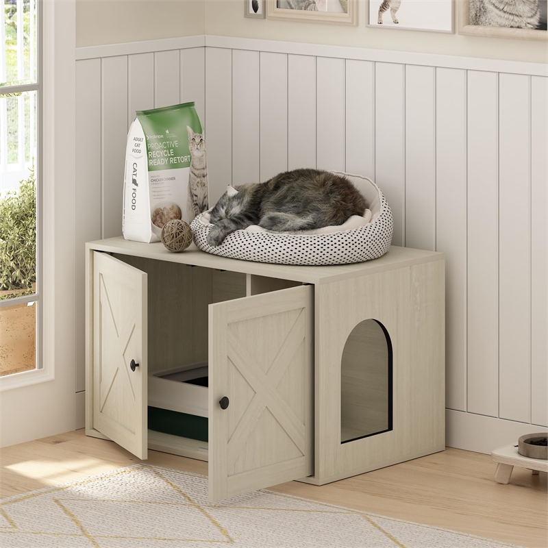 Pemberly Row Farmhouse Cat Litter Box Enclosure in White Wash