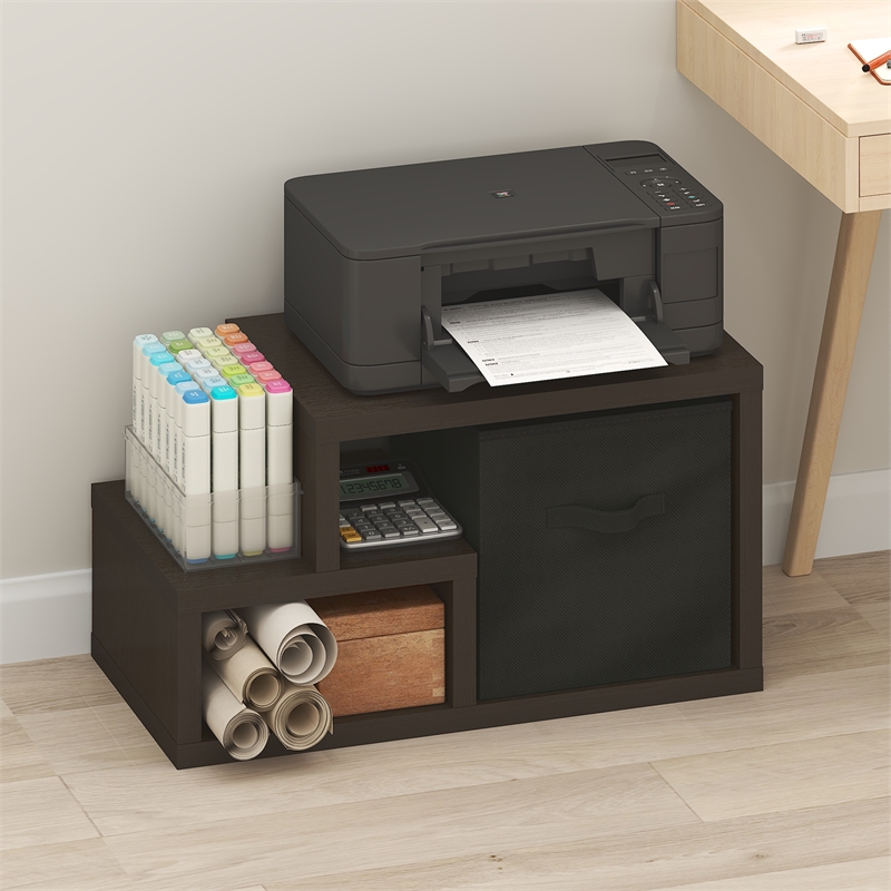 Pemberly Row Contemporary Multipurpose Shelf with Bin in Dark Oak