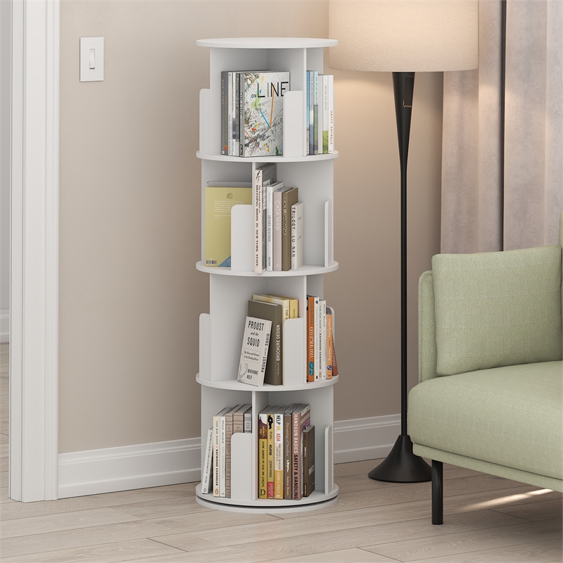 Pemberly Row 4-Tier Freestanding Rotating 360 Display Bookshelf in White