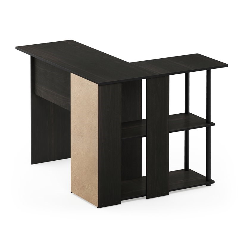 Pemberly Row Engineered Wood L-Shape Desk with Bookshelf in Espresso/Black