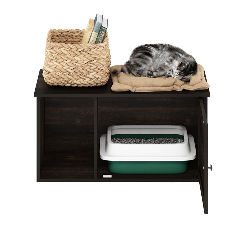 Pemberly Row Farmhouse Hidden Cat Litter Box with Divider in Ebony