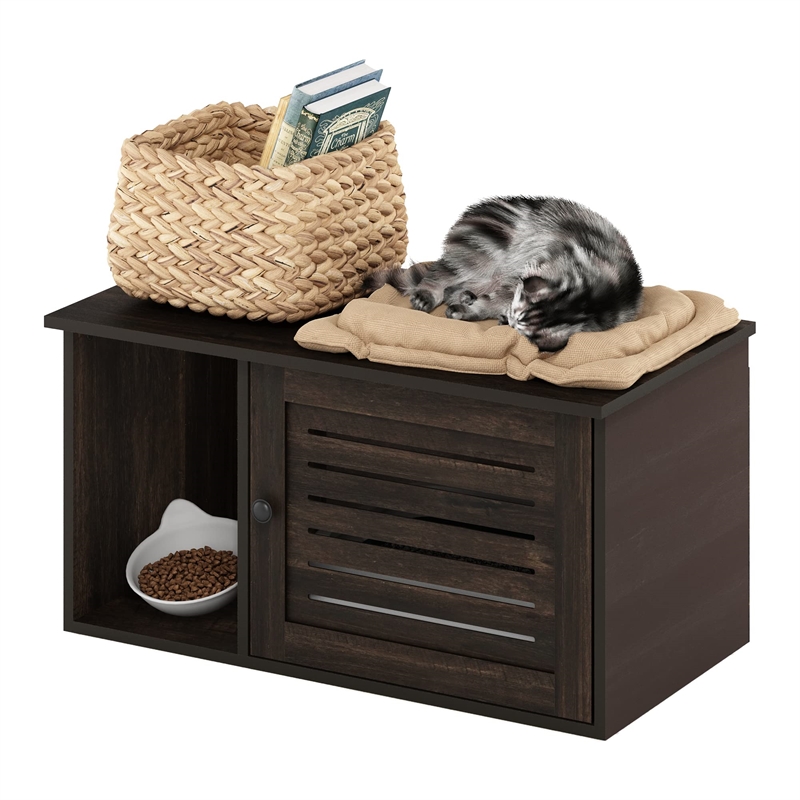Pemberly Row Farmhouse Hidden Cat Litter Box with Divider in Ebony