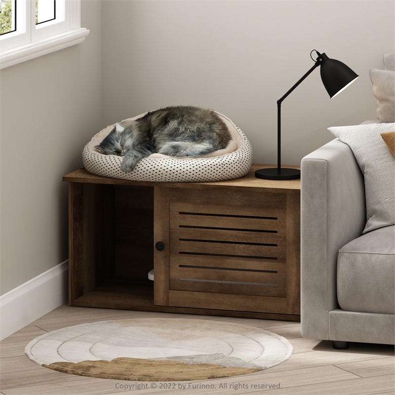 Pemberly Row Farmhouse Hidden Cat Litter Box with Divider in Rustic Brown