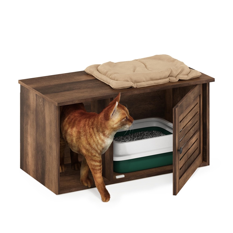 Pemberly Row Farmhouse Hidden Cat Litter Box with Divider in Rustic Brown