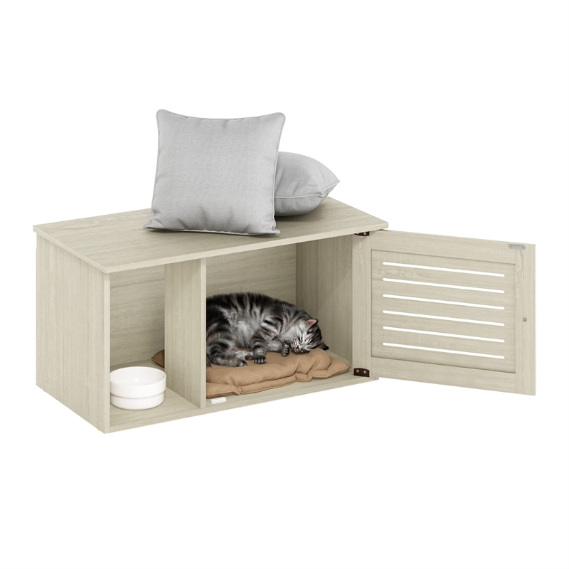 Pemberly Row Farmhouse Hidden Cat Litter Box with Divider in White Wash