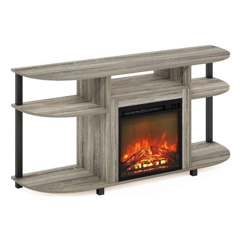 Pemberly Row Open Storage Curved Entertainment Center Stand French Oak Gray