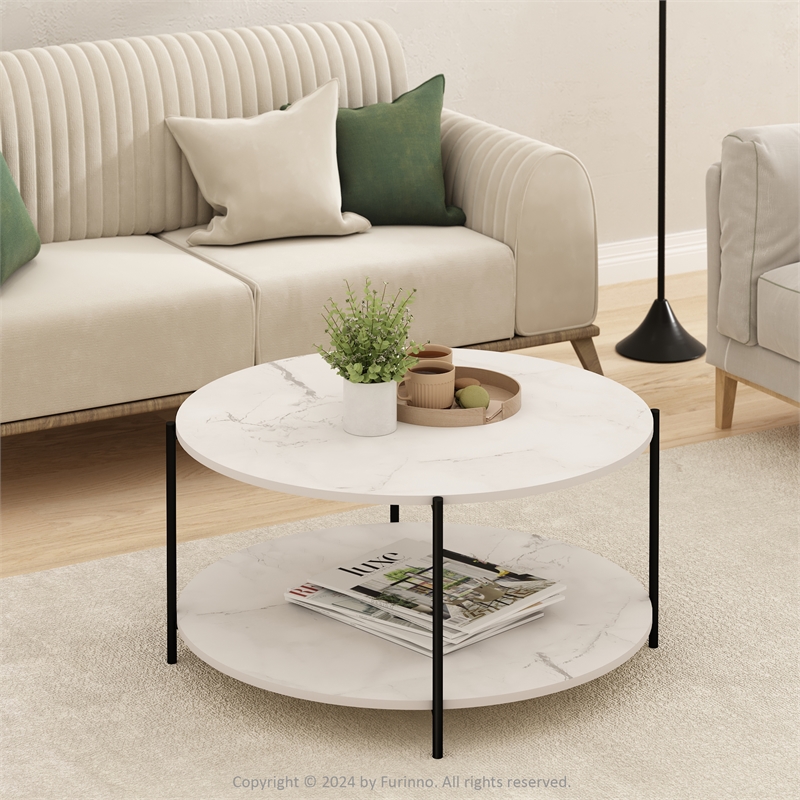 Pemberly Row 2-Tier Modern Round Coffee Table Table with Marble White/Black