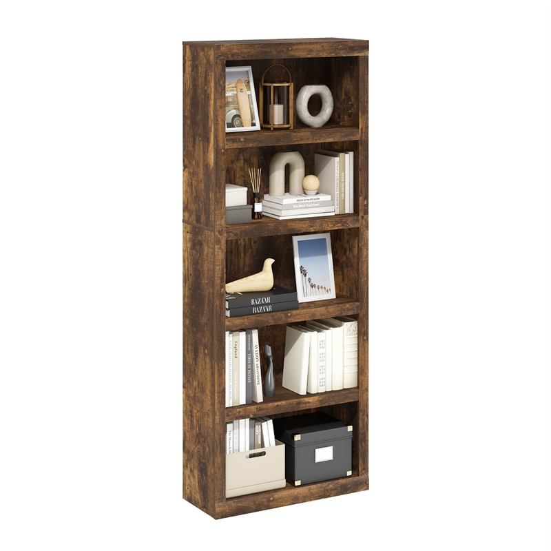 Pemberly Row Contemporary 5-Tier Open Shelf Bookcase in Amber Pine