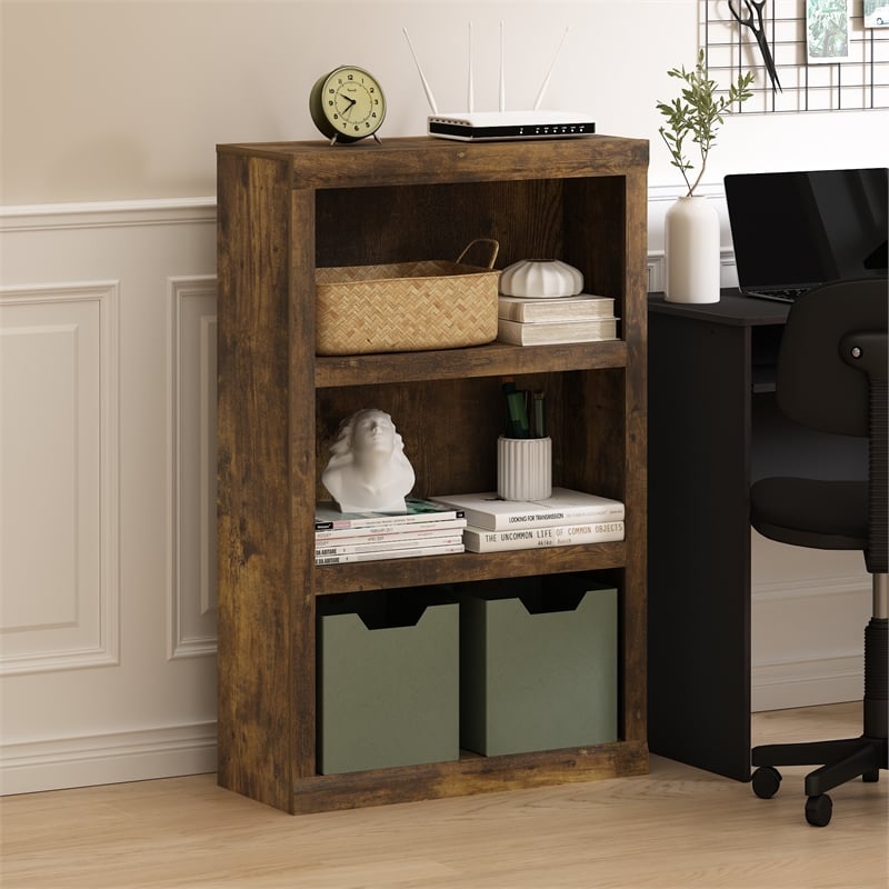 Pemberly Row Contemporary 3-Tier Open Shelf Bookcase in Amber Pine