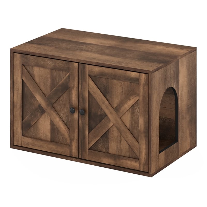 Pemberly Row Farmhouse Cat Litter Box Enclosure in Rustic Brown
