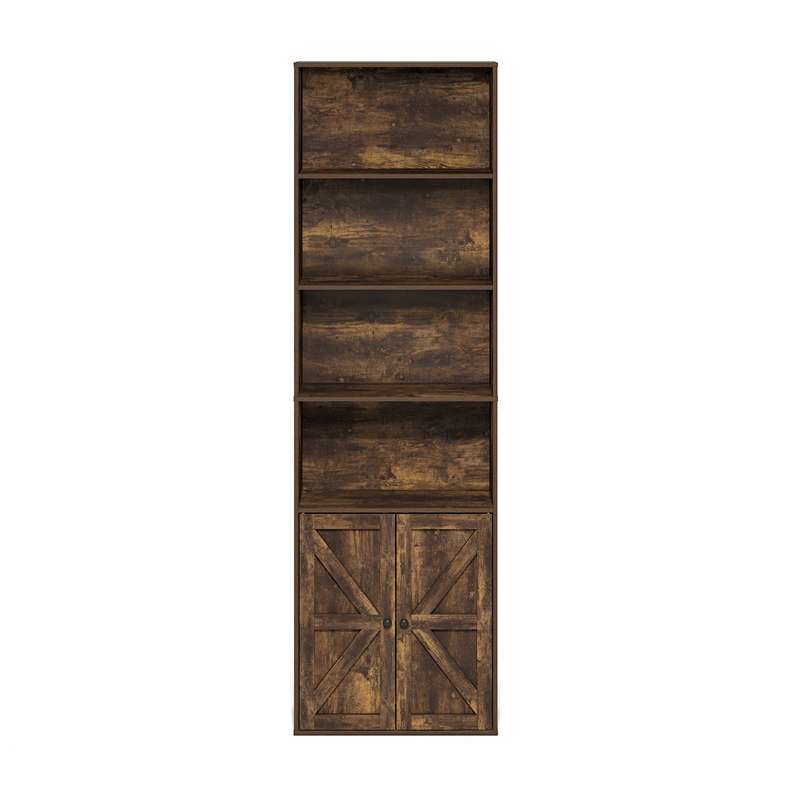 Pemberly Row Farmhouse 6-Shelf Display Bookcase with Doors in Amber Pine