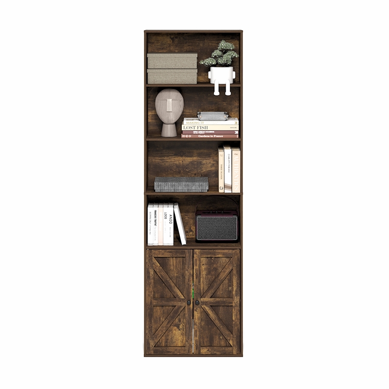 Pemberly Row Farmhouse 6-Shelf Display Bookcase with Doors in Amber Pine