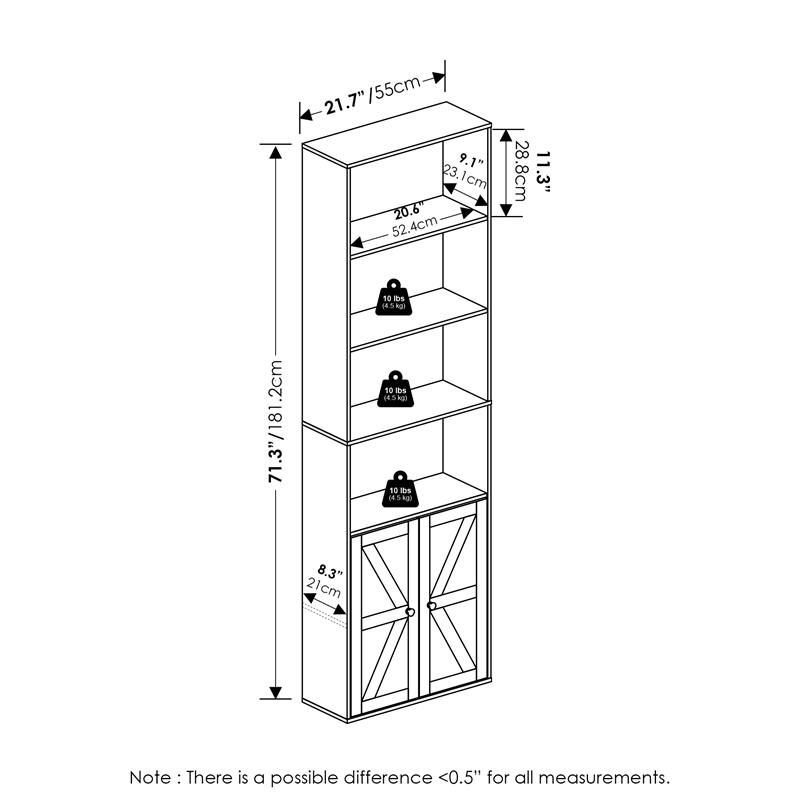 Pemberly Row Farmhouse 6-Shelf Display Bookcase with Doors in White