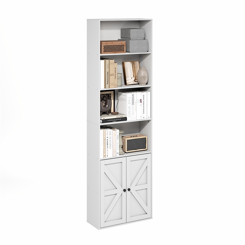 Pemberly Row Farmhouse 6-Shelf Display Bookcase with Doors in White
