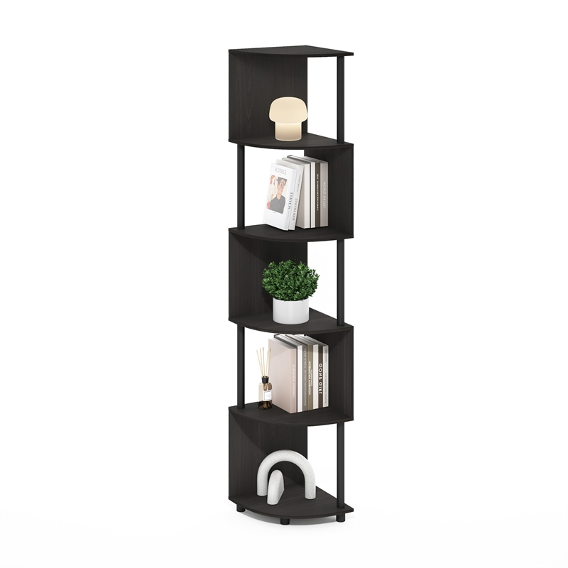 Pemberly Row 5-Tier Zigzag Corner Shelf Bookcase in Bookshelf in Espresso/Black