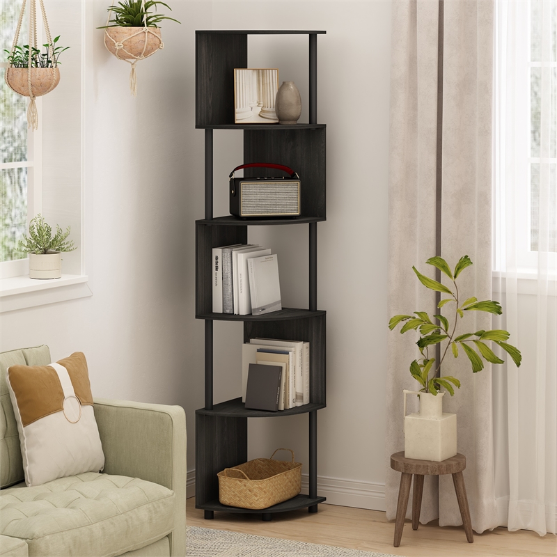 Pemberly Row 5-Tier Zigzag Corner Shelf Bookcase in Bookshelf in Espresso/Black