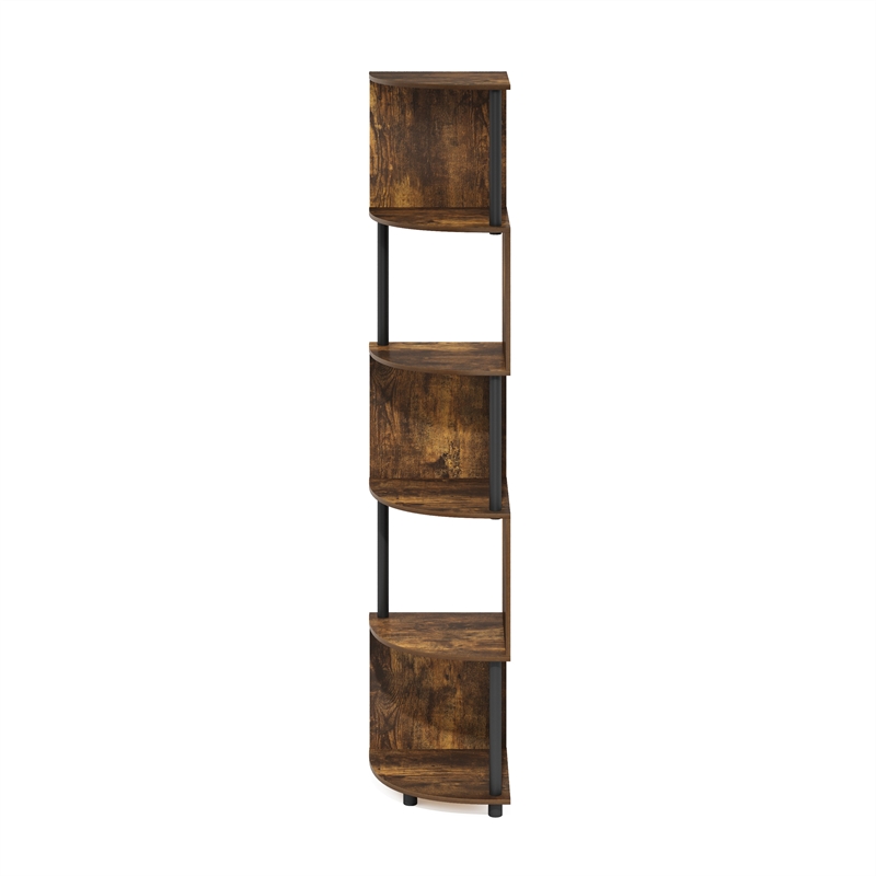 Pemberly Row 5-Tier Zigzag Corner Shelf Bookcase in Bookshelf Amber Pine/Black