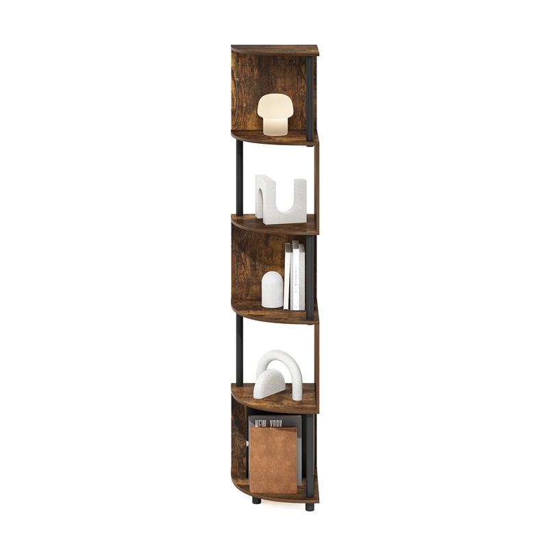 Pemberly Row 5-Tier Zigzag Corner Shelf Bookcase in Bookshelf Amber Pine/Black