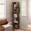 Pemberly Row 5-Tier Zigzag Corner Shelf Bookcase in Bookshelf Amber Pine/Black