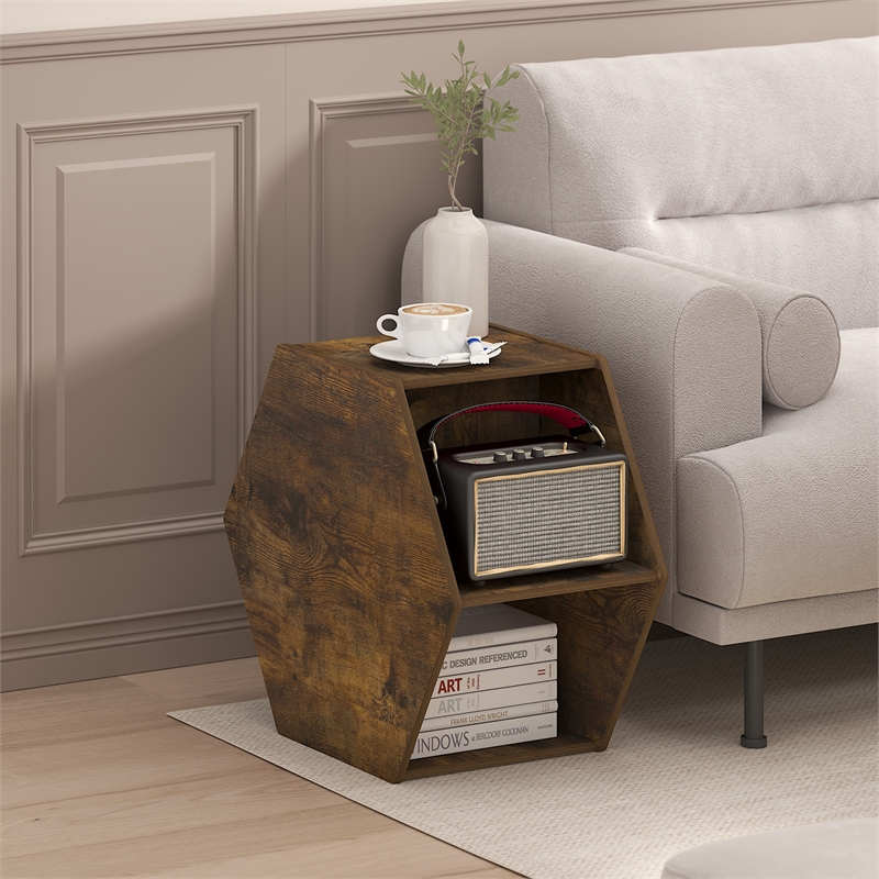 Pemberly Row Modern Hexagonal Coffee Table with Open Storage in Amber Pine