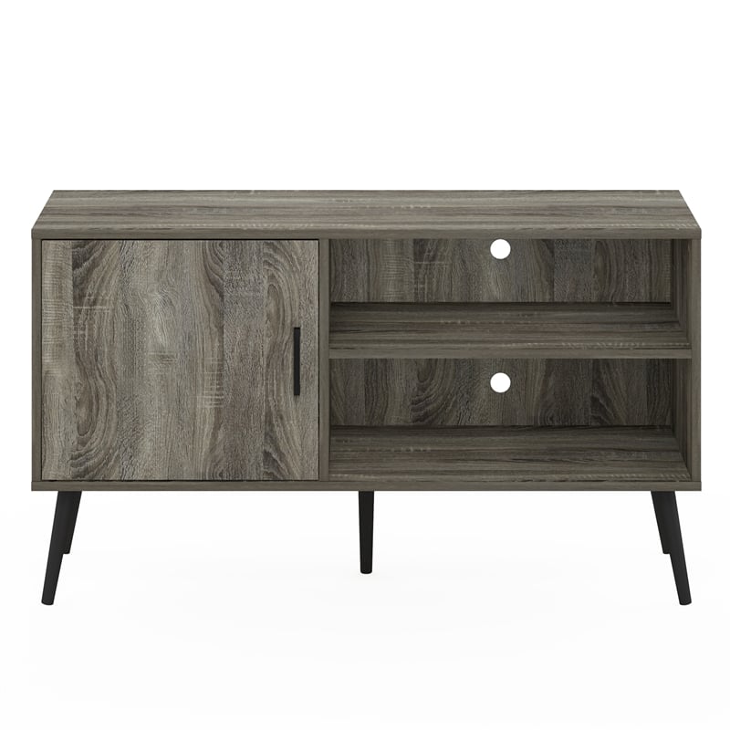 Pemberly Row Mid-Century TV Stand with Wood Legs in One French Oak Gray