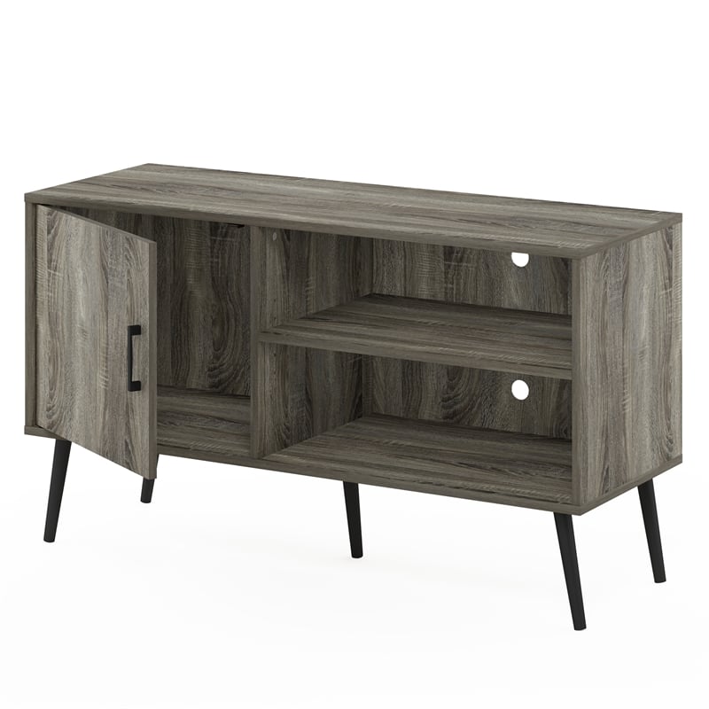 Pemberly Row Mid-Century TV Stand with Wood Legs in One French Oak Gray