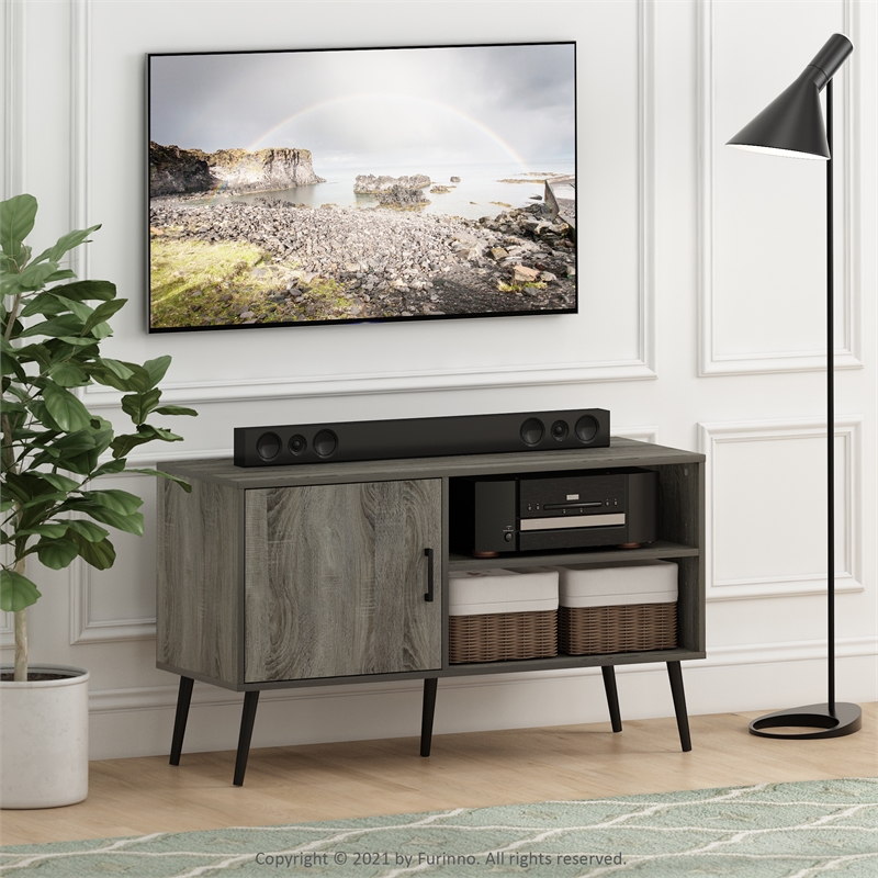 Pemberly Row Mid-Century TV Stand with Wood Legs in One French Oak Gray