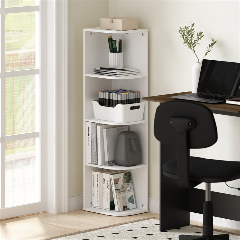 Pemberly Row Contemporary 4-Tier Corner Open Shelf Bookcase in White