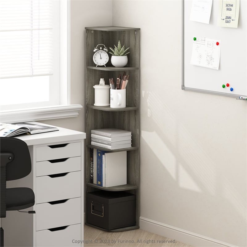 Pemberly Row 5-Tier Corner Open Shelf Bookcase in French Oak