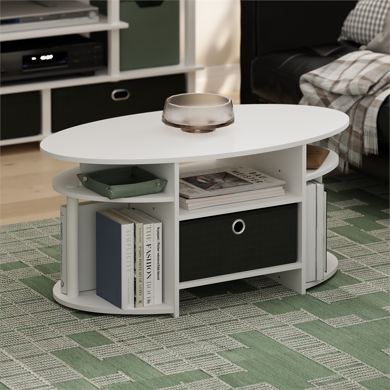 Pemberly Row Contemporary Oval Coffee Table with Bin in White/Black