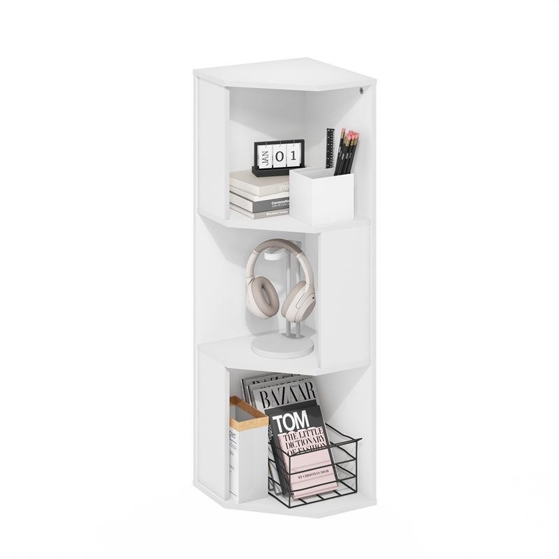 Pemberly Row 3-Tier Freestanding Corner Shelf Bookcase in Bookshelf in White