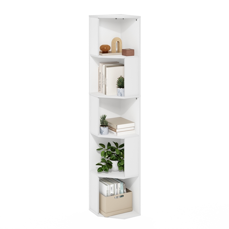 Pemberly Row 5-Tier Freestanding Corner Shelf Bookcase in Bookshelf in White