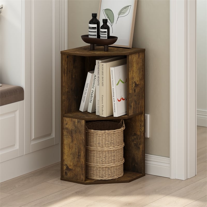 Pemberly Row 2-Tier Freestanding Corner Shelf Bookcase in Bookshelf Amber Pine