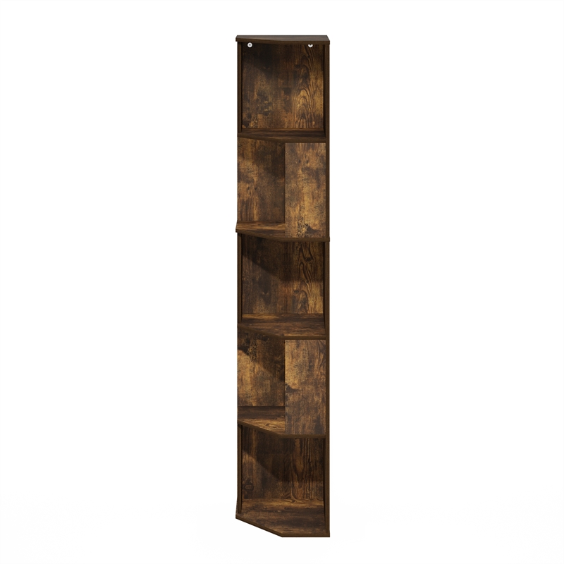 Pemberly Row 5-Tier Freestanding Corner Shelf Bookcase in Bookshelf Amber Pine