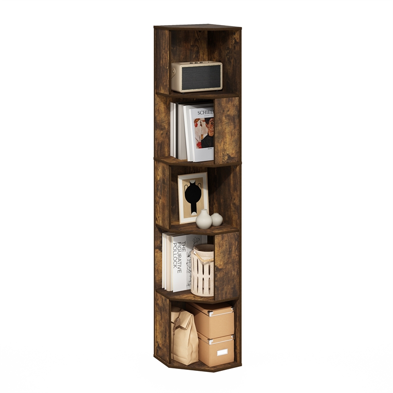 Pemberly Row 5-Tier Freestanding Corner Shelf Bookcase in Bookshelf Amber Pine