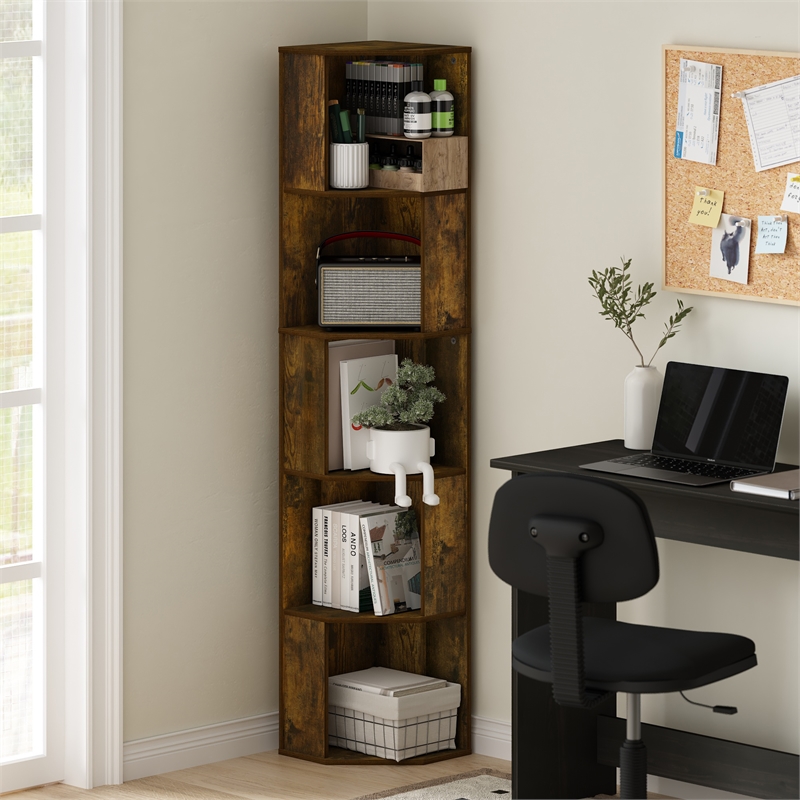 Pemberly Row 5-Tier Freestanding Corner Shelf Bookcase in Bookshelf Amber Pine