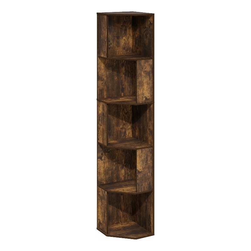 Pemberly Row 5-Tier Freestanding Corner Shelf Bookcase in Bookshelf Amber Pine