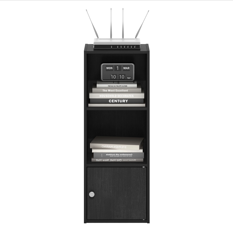 Pemberly Row 3-Tier Shelf Bookcase with 1 Door Storage Cabinet in Blackwood