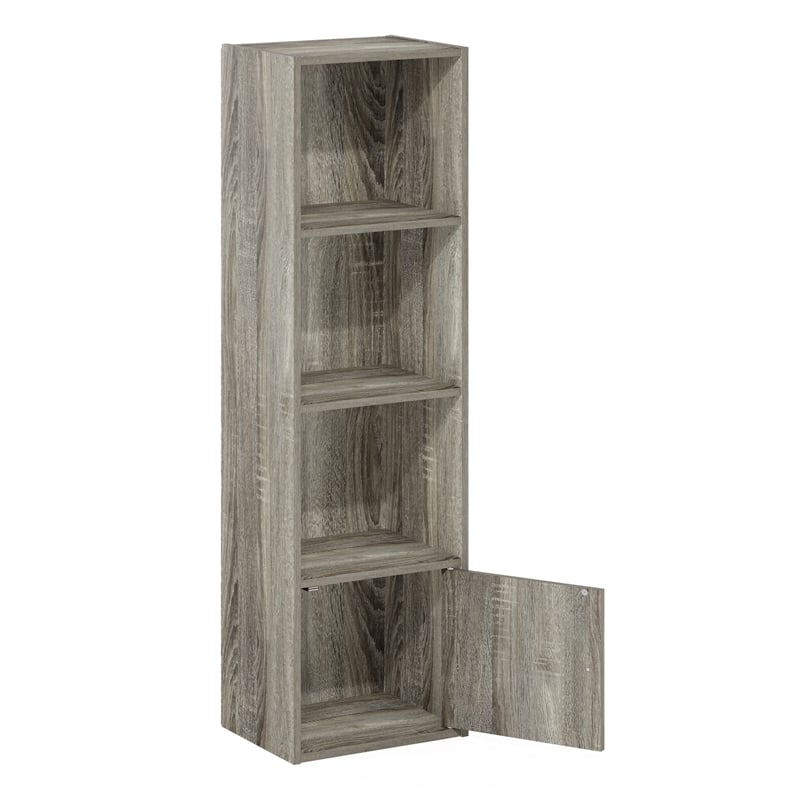 Pemberly Row 4-Tier Shelf Bookcase with 1 Door Storage Cabinet in French Oak
