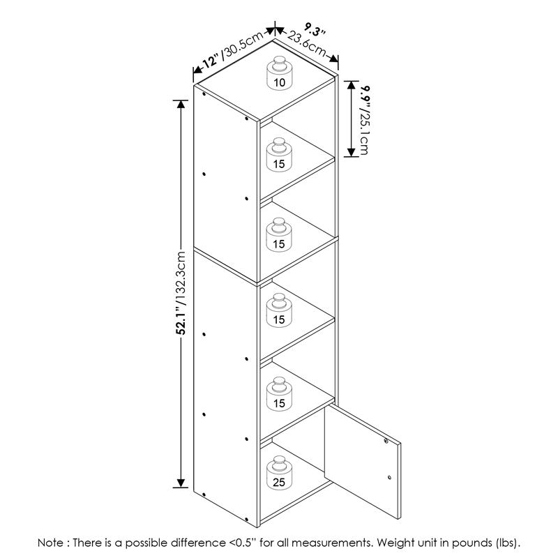 Pemberly Row 5-Tier Shelf Bookcase with 1 Door Storage Cabinet in French Oak