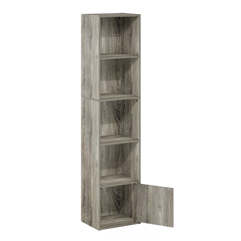 Pemberly Row 5-Tier Shelf Bookcase with 1 Door Storage Cabinet in French Oak