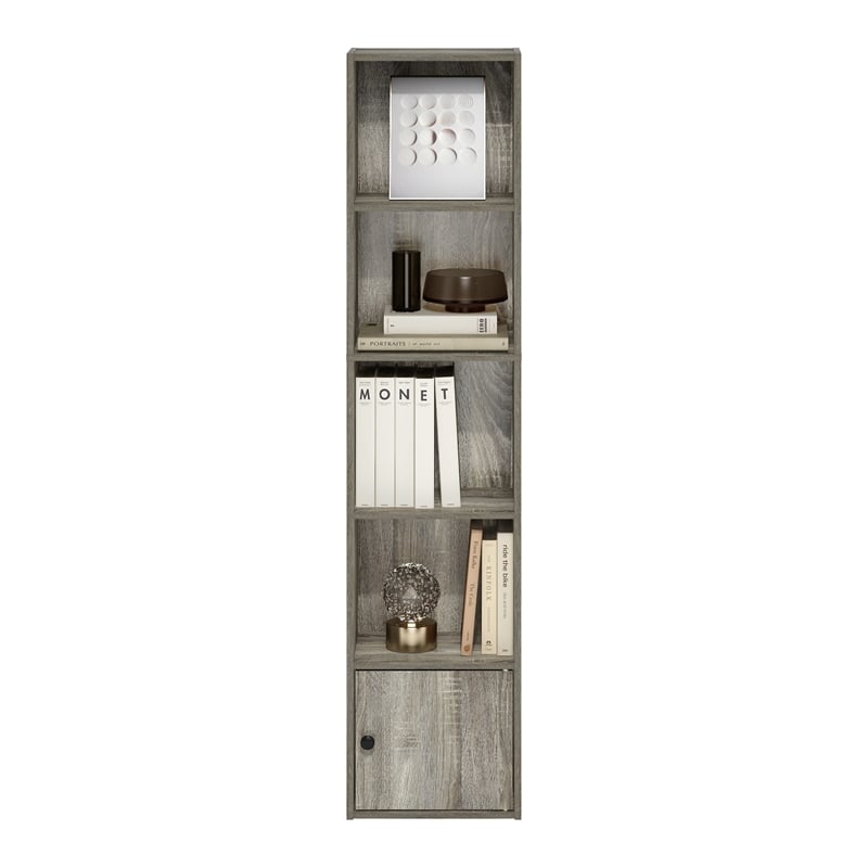Pemberly Row 5-Tier Shelf Bookcase with 1 Door Storage Cabinet in French Oak